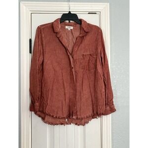 Umgee Rust Mineral Wash Raw Hem Button Up Blouse Medium